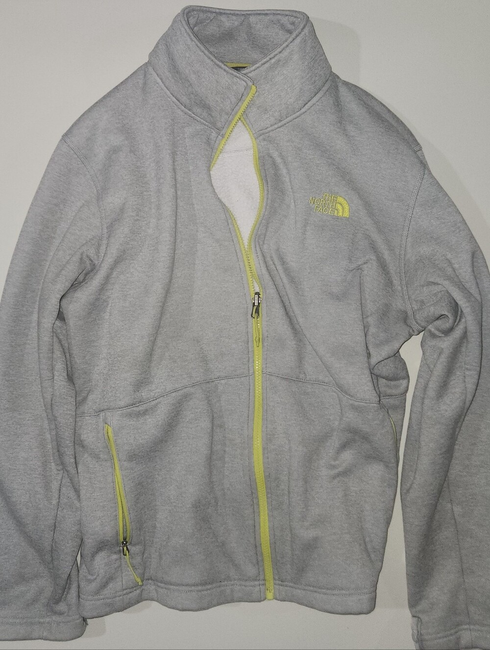 The North Face Mens' Light Gray Fleece Jacket with Lime Trim Size L